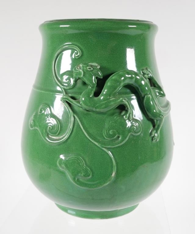 Appraisal: Tall green crackle glazed ceramic vase dragon or hydra in