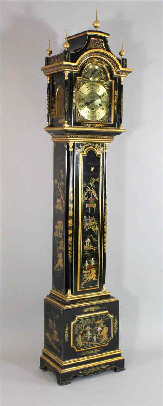 Appraisal: A modern chinoiserie black lacquered chiming grandmother clock with inch