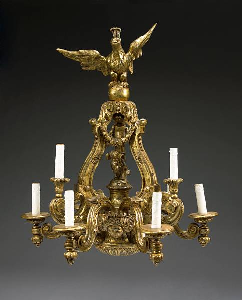 Appraisal: A Baroque style giltwood ten light chandelier The plumed eagle