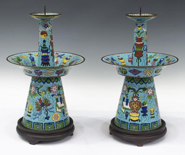 Appraisal: pair Chinese cloisonne enamel candle prickets each having light blue