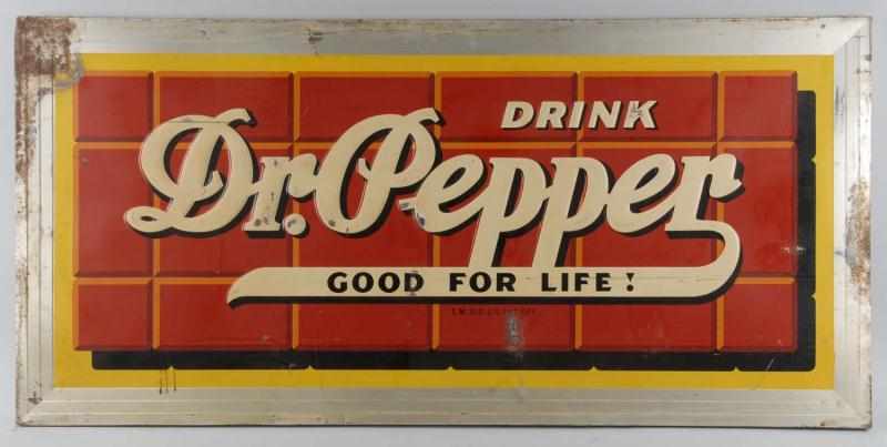 Appraisal: Large Embossed Tin Dr Pepper Outdoor Sign Description Outside border