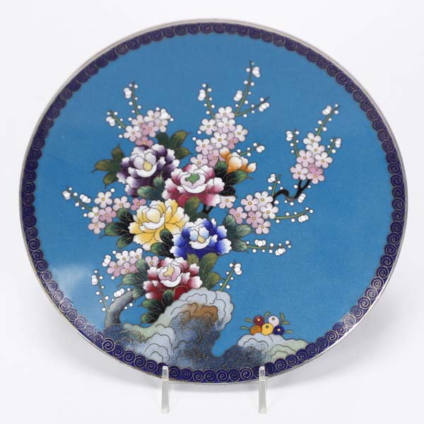 Appraisal: Japanese cloisonne dish with blue spiraled border and central floral