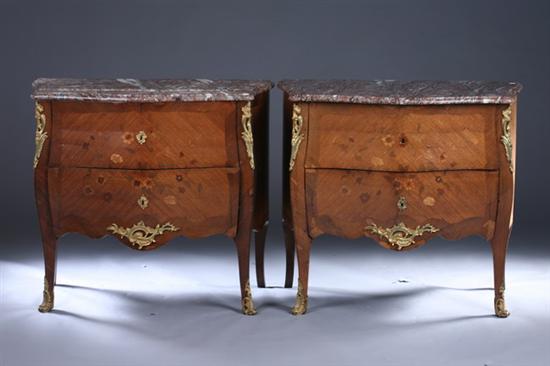 Appraisal: PAIR LOUIS XV STYLE MARBLE-TOP KINGWOOD BOMBE COMMODES late th