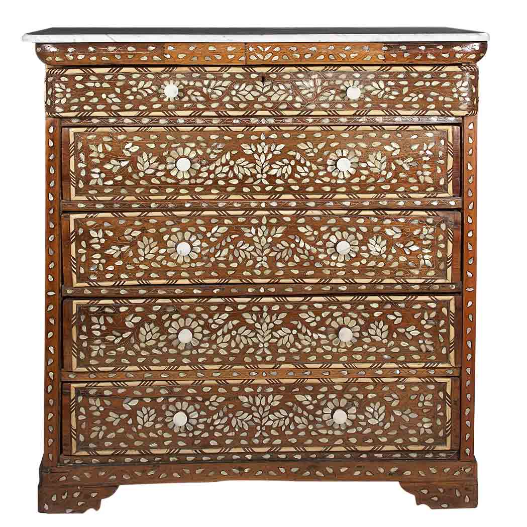 Appraisal: Damascus Bone and Mother-of-Pearl Inlaid Stained Wood Chest of Drawers