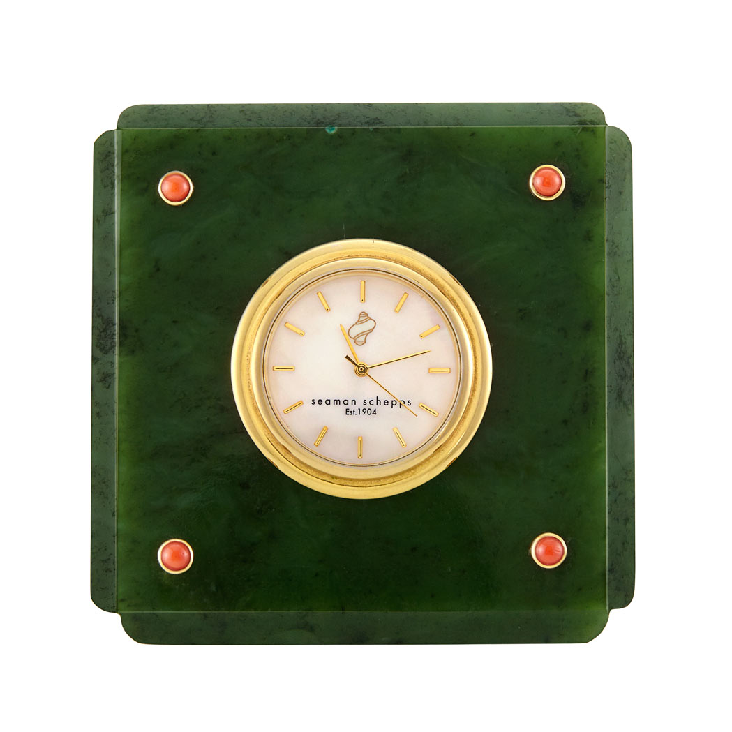 Appraisal: Nephrite Mother-of-Pearl Gilt-Metal and Coral Desk Clock Seaman Schepps kt