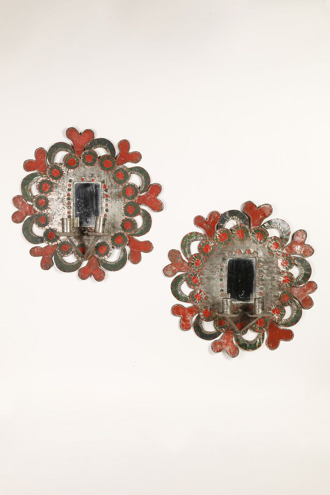 Appraisal: Pair of Tin Frames With Mirror and Candleholders Attributed to