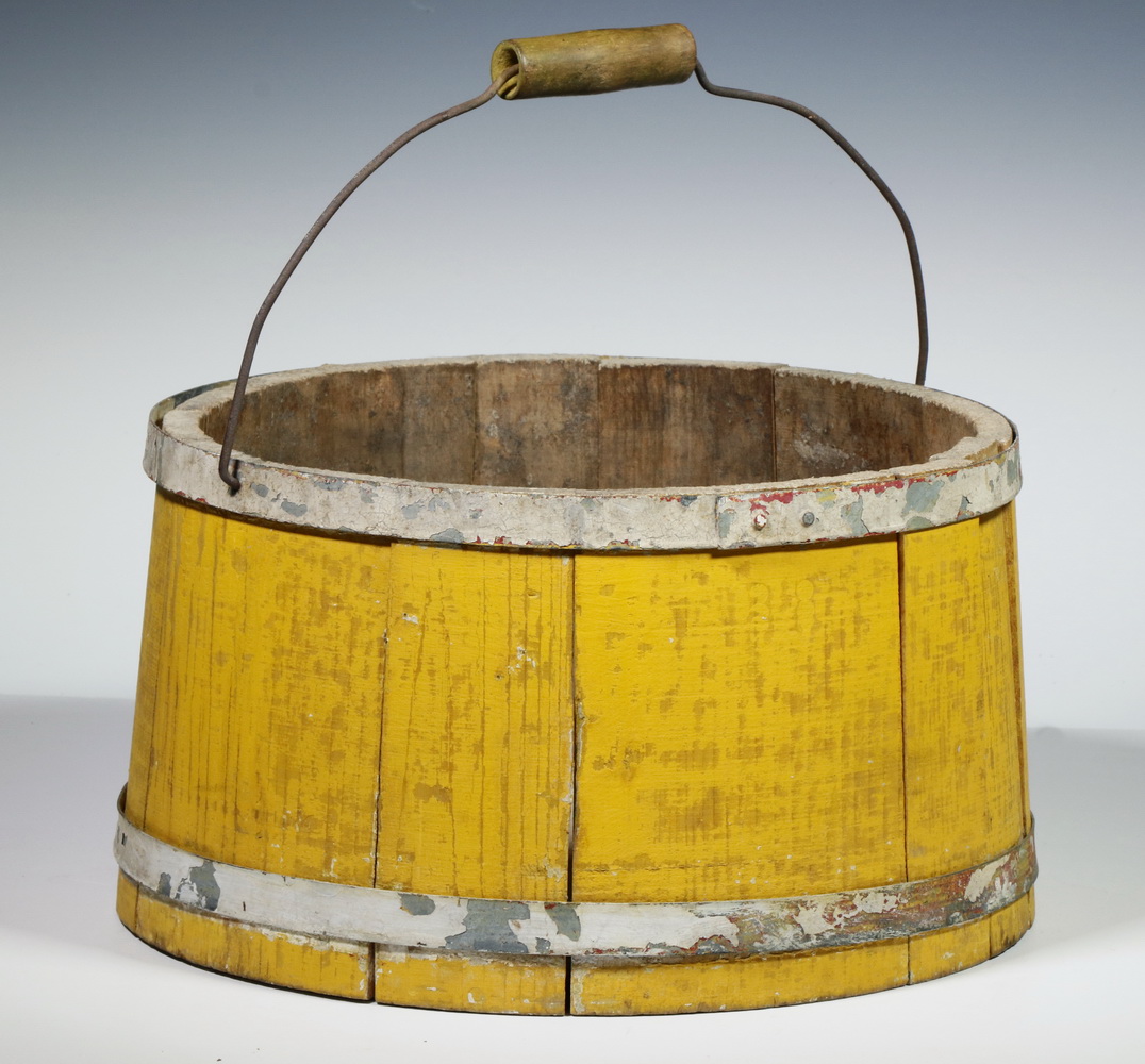 Appraisal: PAINTED WOODEN BUCKET Chrome Yellow Painted Low Bucket canted sides