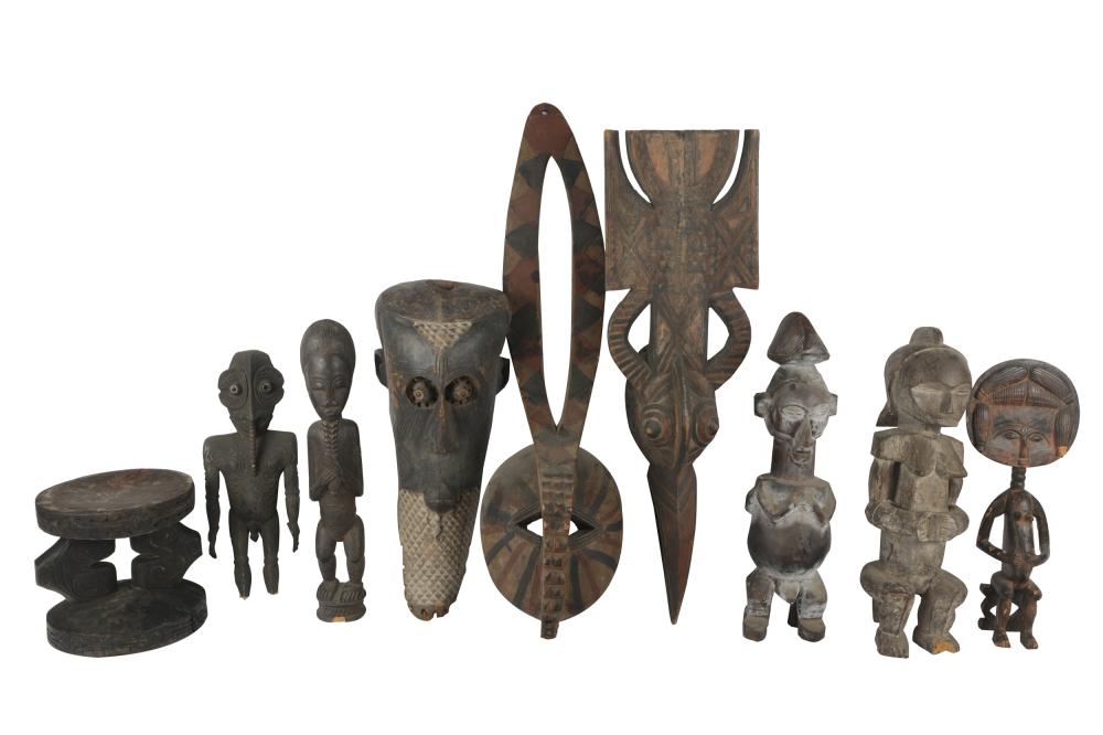 Appraisal: GROUP OF AFRICAN WOOD CARVINGScomprising five figures three masks and