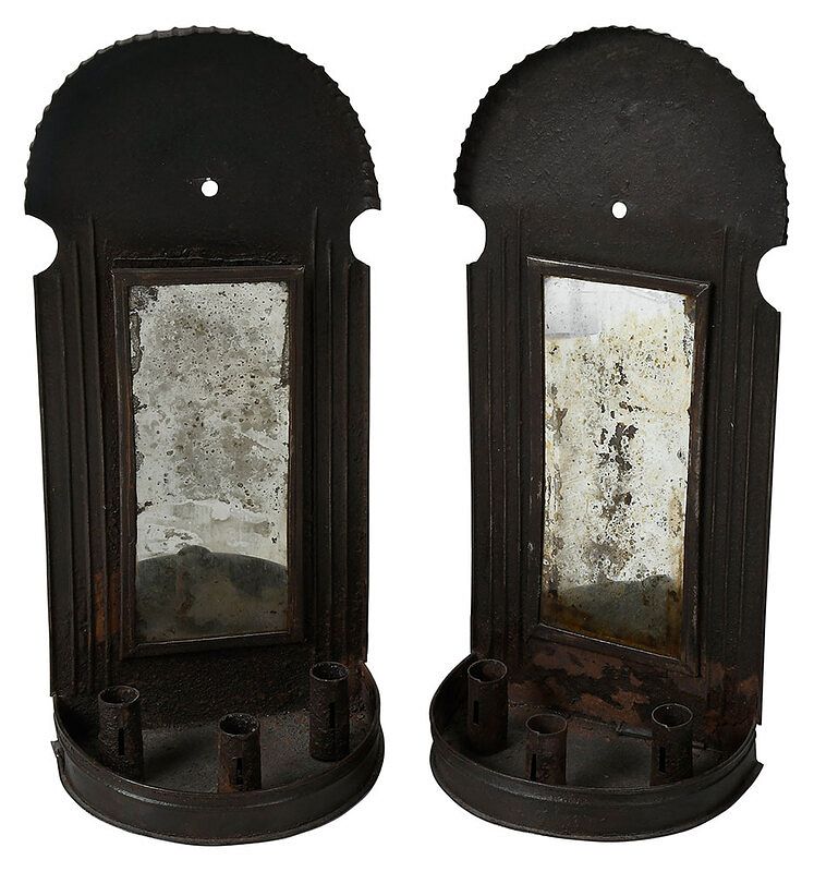 Appraisal: Pair of American Mirrored Tin Wall Sconces th century painted