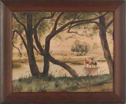 Appraisal: Two watercolor landscapes th c one with cows the other