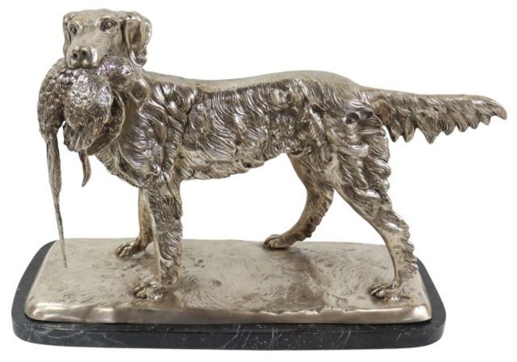 Appraisal: Large silvered bronze sculpture Hunting Dog with Pheasant on a