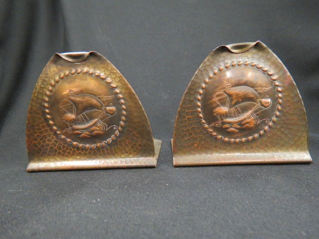 Appraisal: Roycroft Arts Crafts Bookends handhammered copper sailing ship decor signed