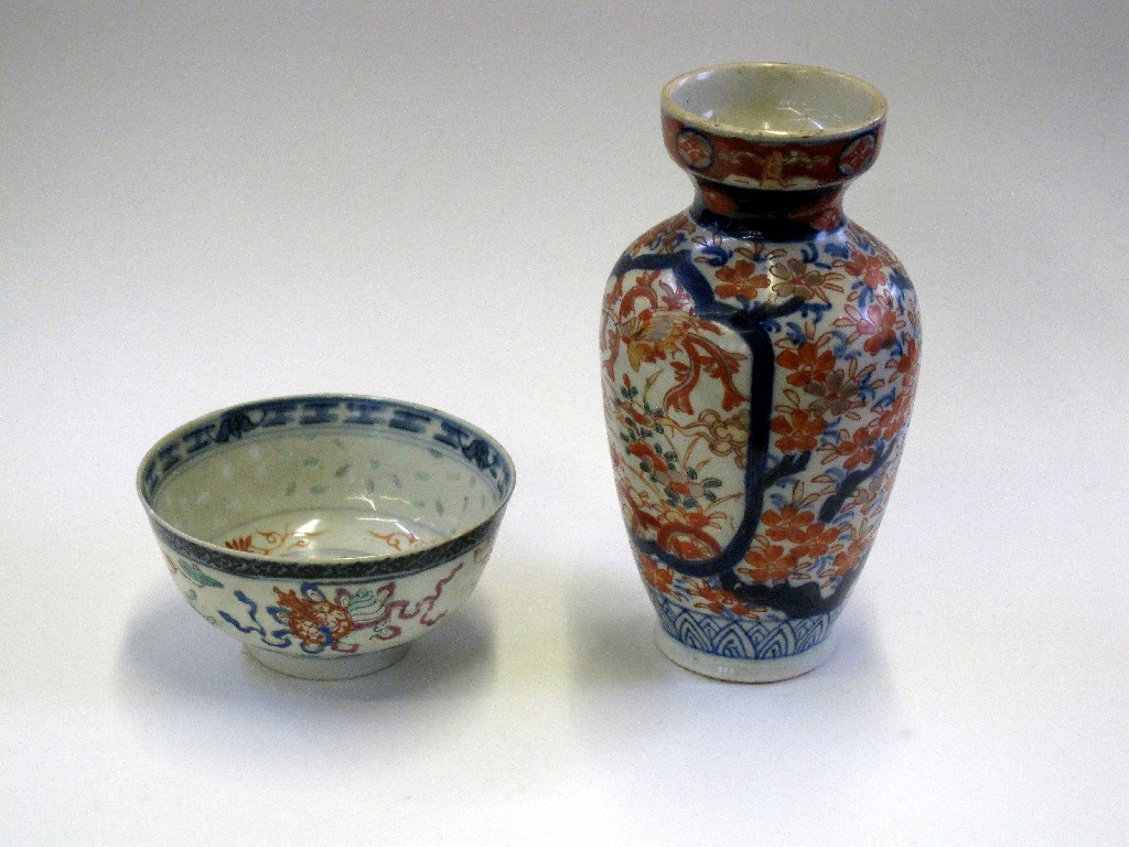 Appraisal: Oriental imari vase and a blue and white pottery bowl