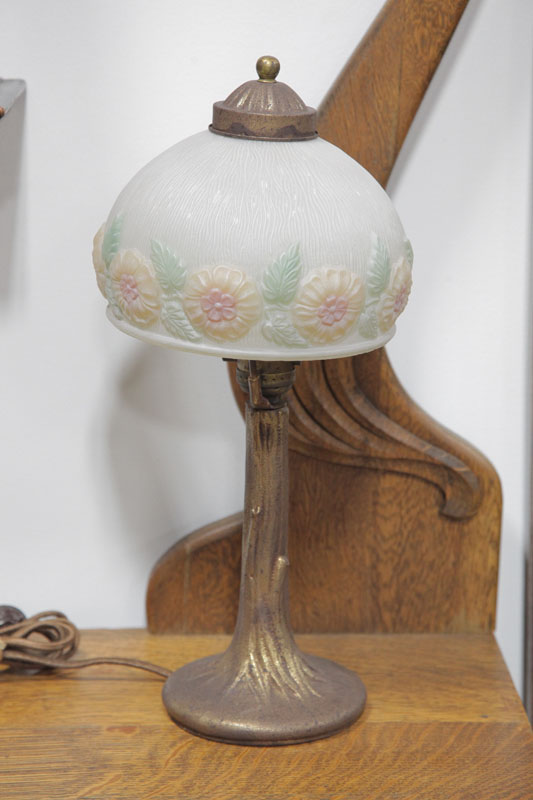 Appraisal: BOUDOIR LAMP Tree trunk base having a frosted glass shade