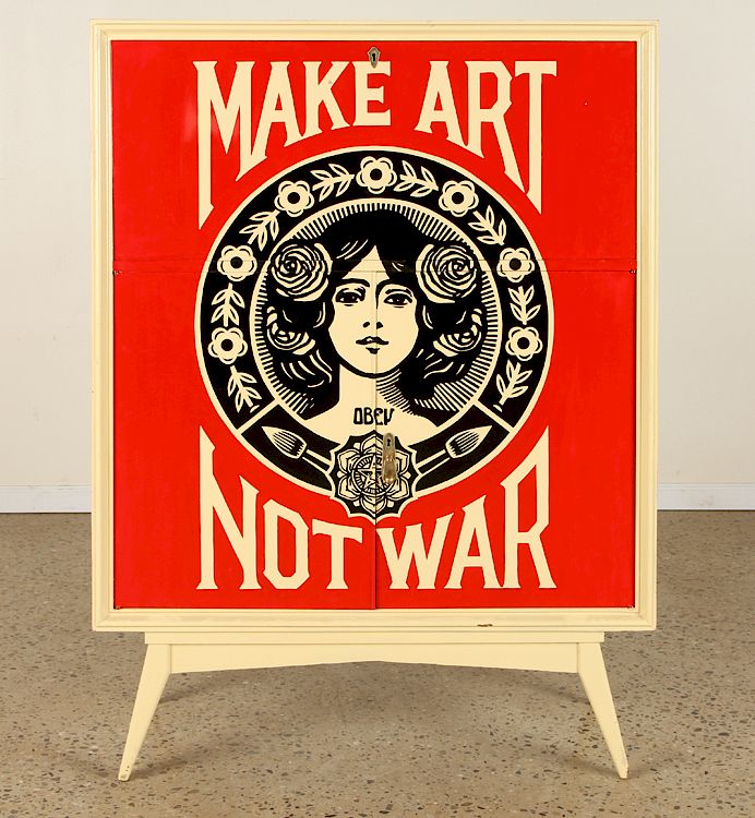 Appraisal: ITALIAN FALL FRONT BAR CABINET MAKE ART NOT WAR A