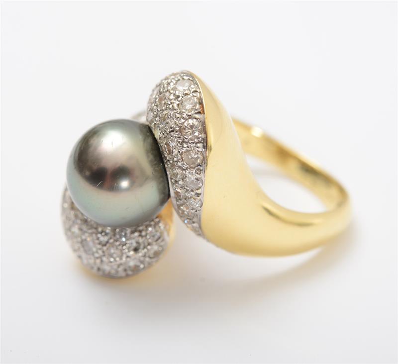 Appraisal: K GOLD CULTURED PEARL AND DIAMOND RING Set with a