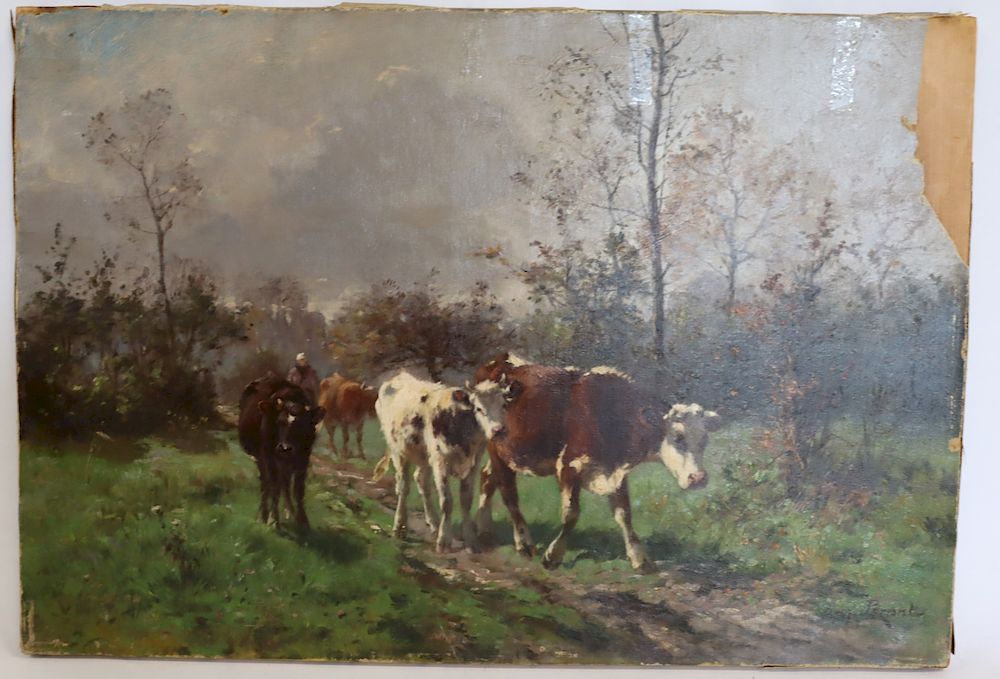 Appraisal: ILLEGIBLY Signed Oil On Canvas Cows As Is Signed lr