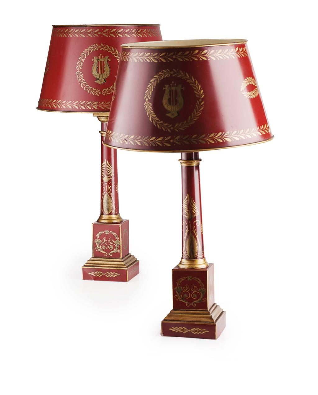 Appraisal: PAIR OF TOLE TABLE LAMPS TH CENTURY each with cylindrical