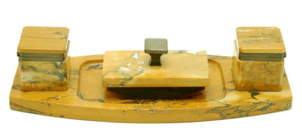 Appraisal: Finely made yellow marble desk ink well set with bronze