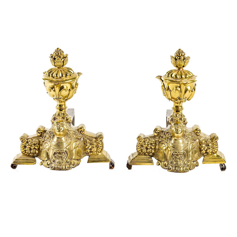 Appraisal: Pair French brass andirons early th century floral finials urn