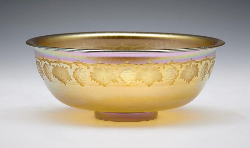 Appraisal: Tiffany Favrile glass bowl with etched grape leaf border Tiffany