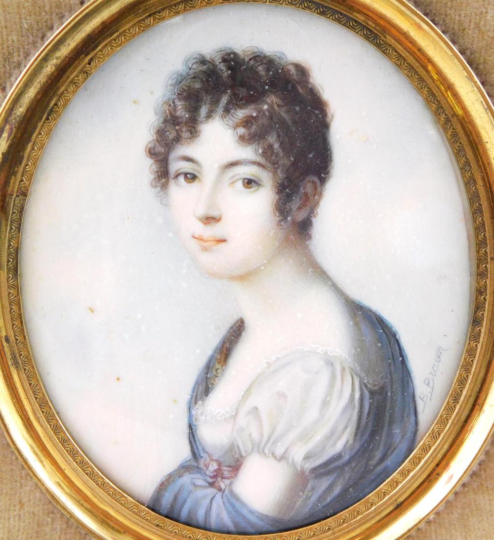 Appraisal: MINIATURE Young woman wearing Federal style dress and blue shawl