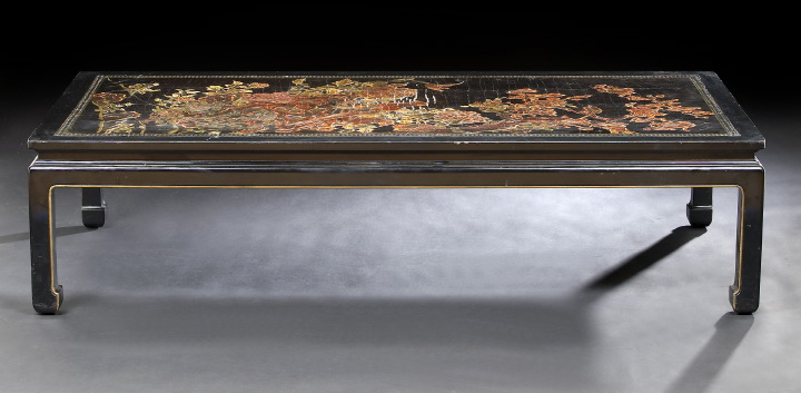 Appraisal: Chinese Lacquered Low Coffee Table the black lacquered wooden frame