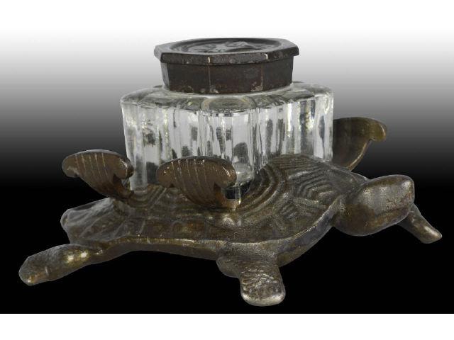 Appraisal: Cast Iron Glass Turtle Inkwell Description Amazing lifelike detail The