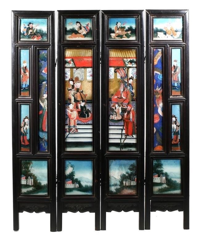 Appraisal: Chinese four panel table screen with polychrome reverse painted scenes