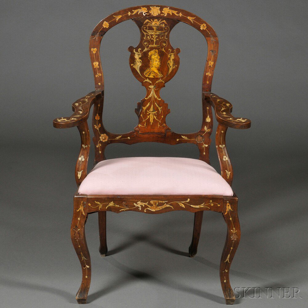 Appraisal: Italian Inlaid Walnut Armchair mid- th century with a vasiform