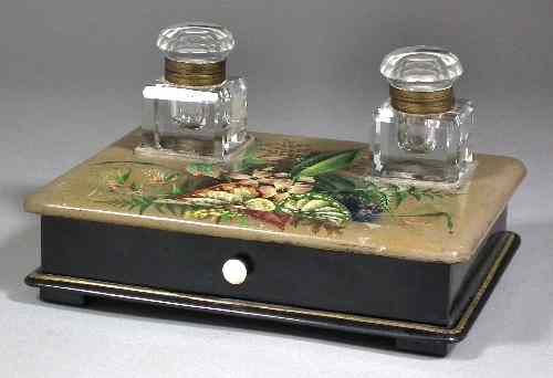 Appraisal: A late Victorian papier-mache inkstand with two wells and glass