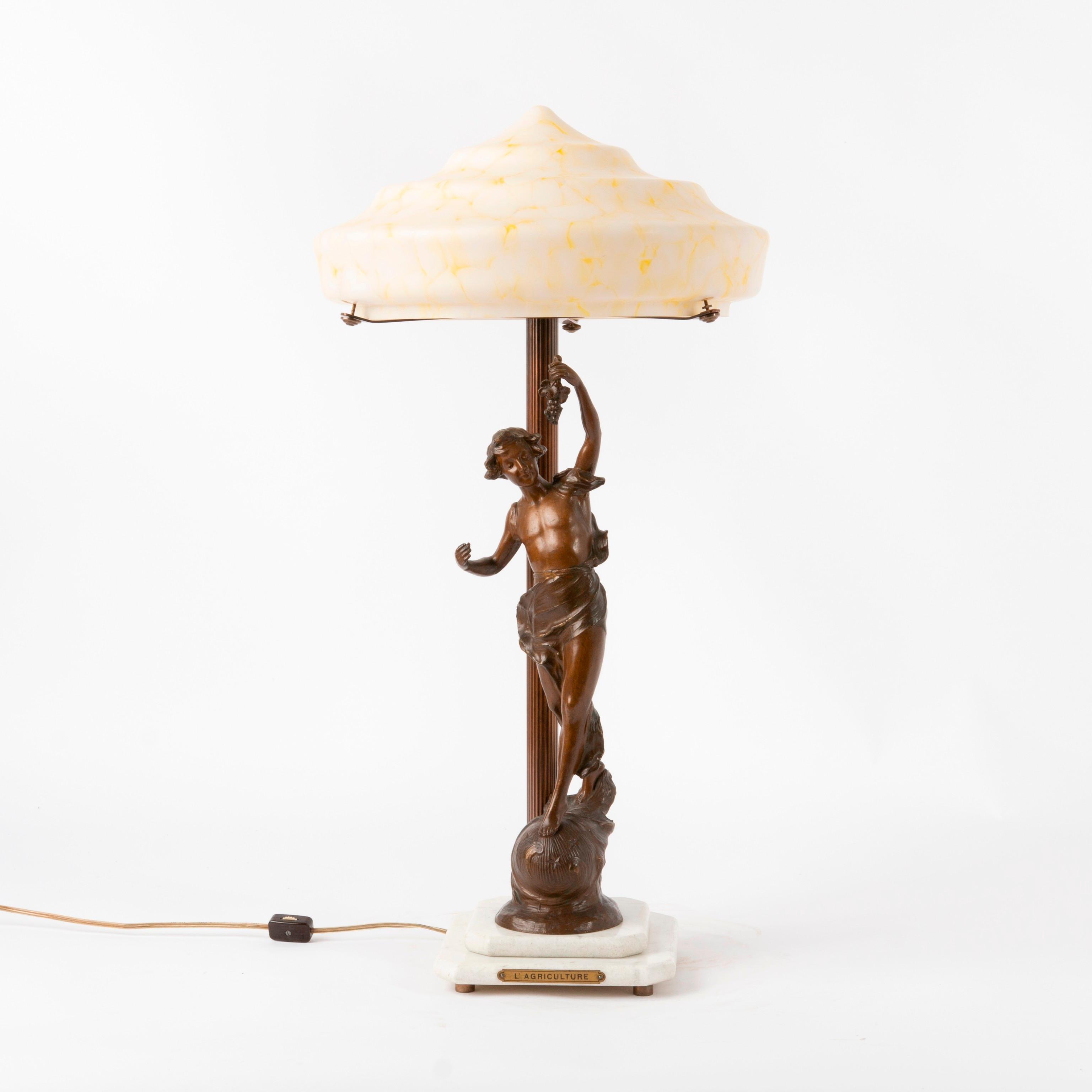 Appraisal: FIGURAL SPELTER LAMP WITH MARBLED ART GLASS SHADE A vintage