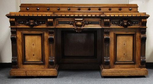 Appraisal: A late th Century burr oak breakfront pedestal sideboard banded