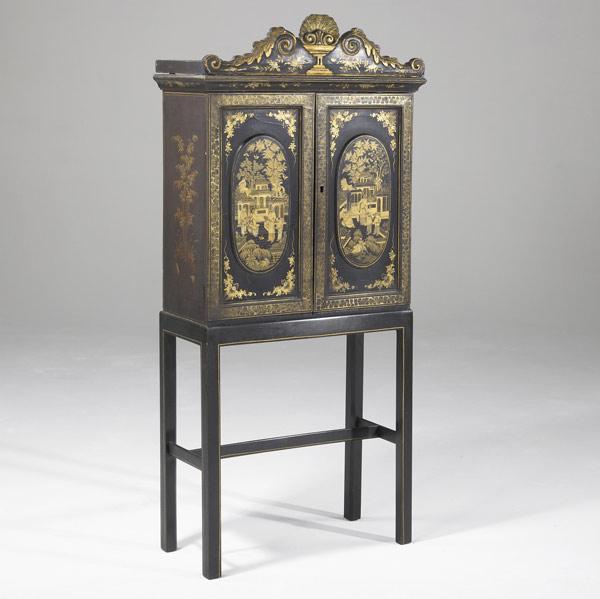 Appraisal: CONTINENTAL CABINET Black lacquered with Oriental design on stand th