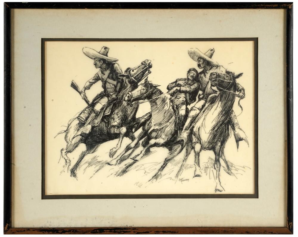 Appraisal: LYLE GALLOWAY - THREE MEN ON HORSEBACKpen and ink on