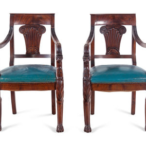 Appraisal: A Pair of Baltic Neoclassical Carved Mahogany Armchairs th Century