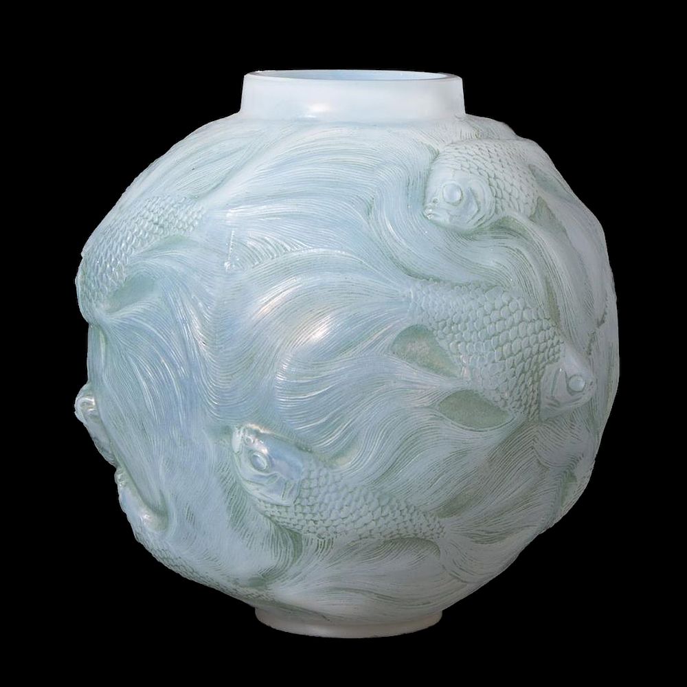 Appraisal: Lalique Gold Fish Vase Signed R Lalique R Lalique Goldfish