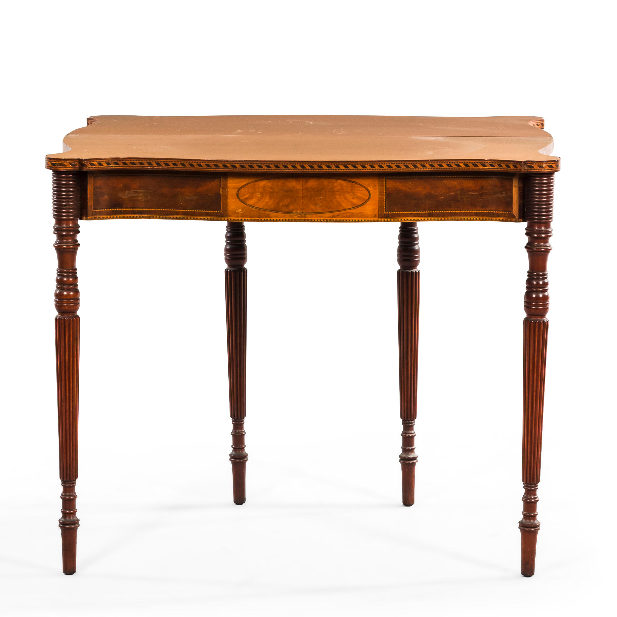 Appraisal: FEDERAL-STYLE MAHOGANY INLAID CARD TABLE with inlaid medallion and turned