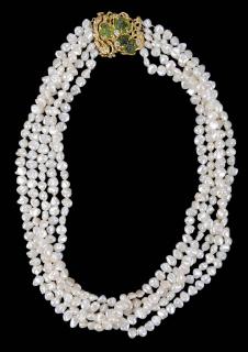 Appraisal: kt Diamond Peridot Pearl Necklace five strands of freshwater pearls