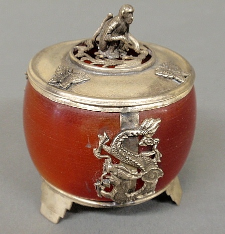 Appraisal: - Fine Chinese carnelian-type and silver incense burner the lid