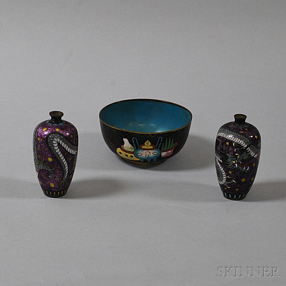 Appraisal: Three Cloisonne Items China a pair of miniature jars with