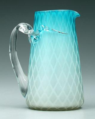 Appraisal: Mother-of-pearl pitcher blue satin glass diamond quilted pattern clear glass