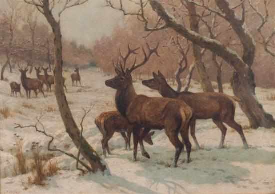 Appraisal: Georges Frederic Rotig German - Snowscape with Stag Doe and