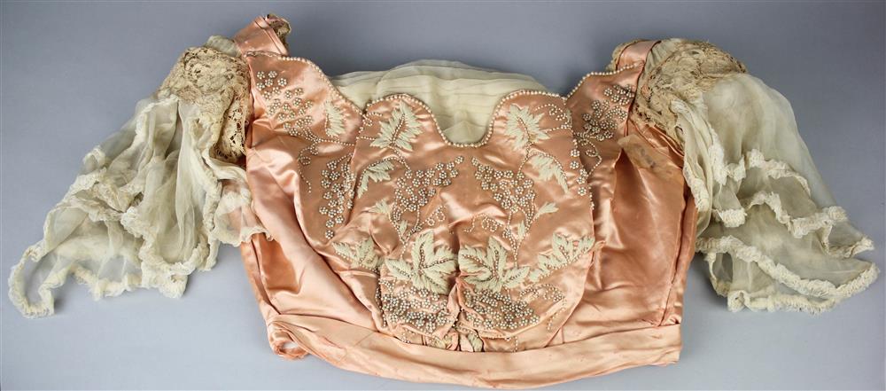 Appraisal: PINK BODICE TOP WITH FLORAL PEARL BEADING top has pearl