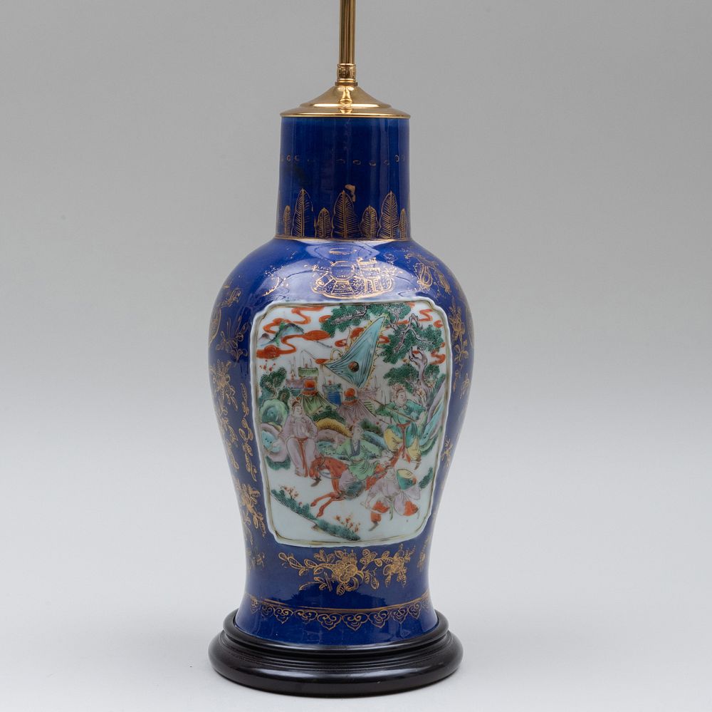 Appraisal: Chinese Blue Glazed Gilt-Decorated Familled Verte Porcelain Vase Mounted as