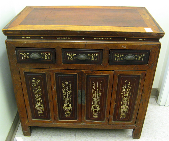 Appraisal: CHINESE SIDE CABINET of hardwood construction with bone inlaid drawers