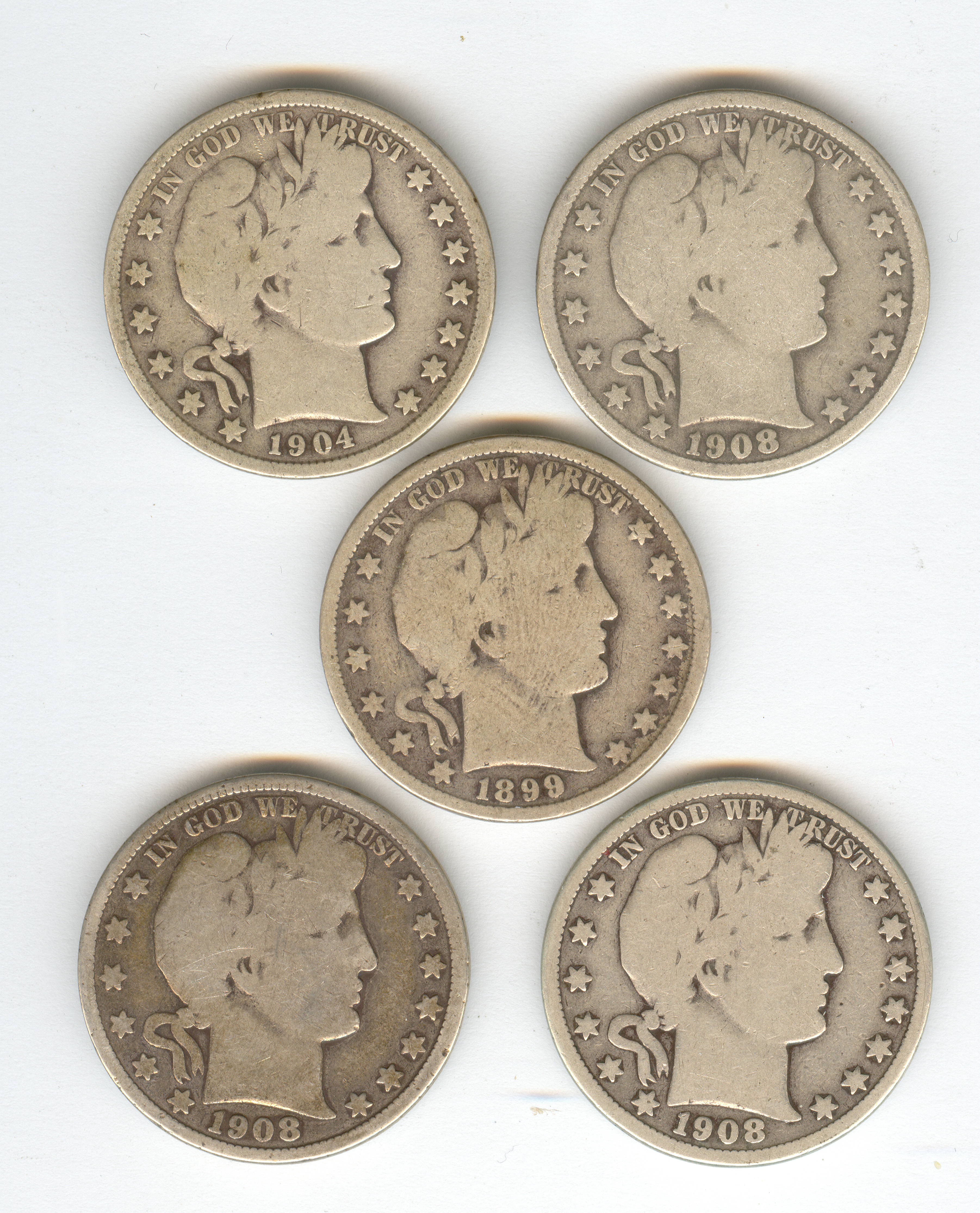 Appraisal: FIVE U S BARBER HALF DOLLARS Estate coins o d