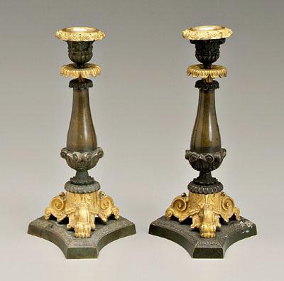 Appraisal: Pair ormolu mounted candlesticks elongated ovoid shafts with scroll and