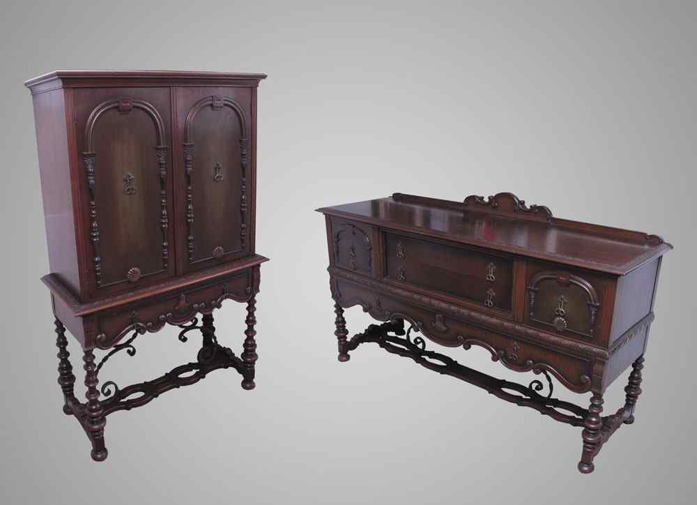 Appraisal: PIECE SPANISH COLONIAL STYLE CHINA CABINET AND SIDEBOARD Black iron