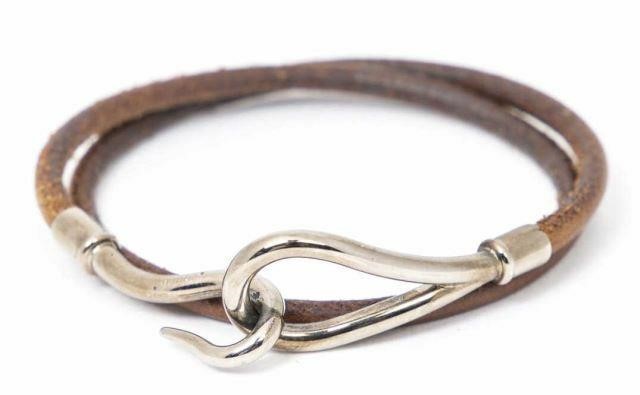 Appraisal: Hermes Jumbo Double Tour bracelet brown leather cord with palladium-plated